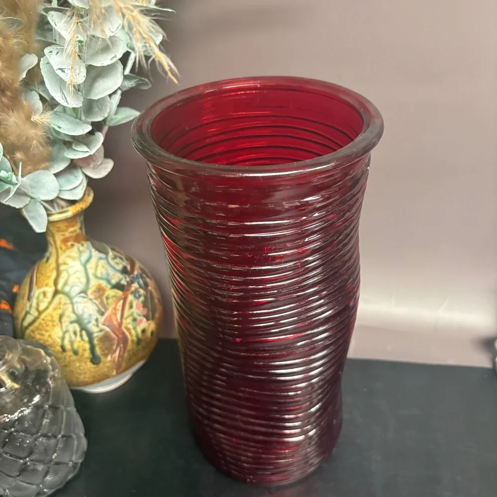 Red Ribbed Glass Vase | 10 Inch Cylinder‎ | Vintage Style Home Decor | Boho